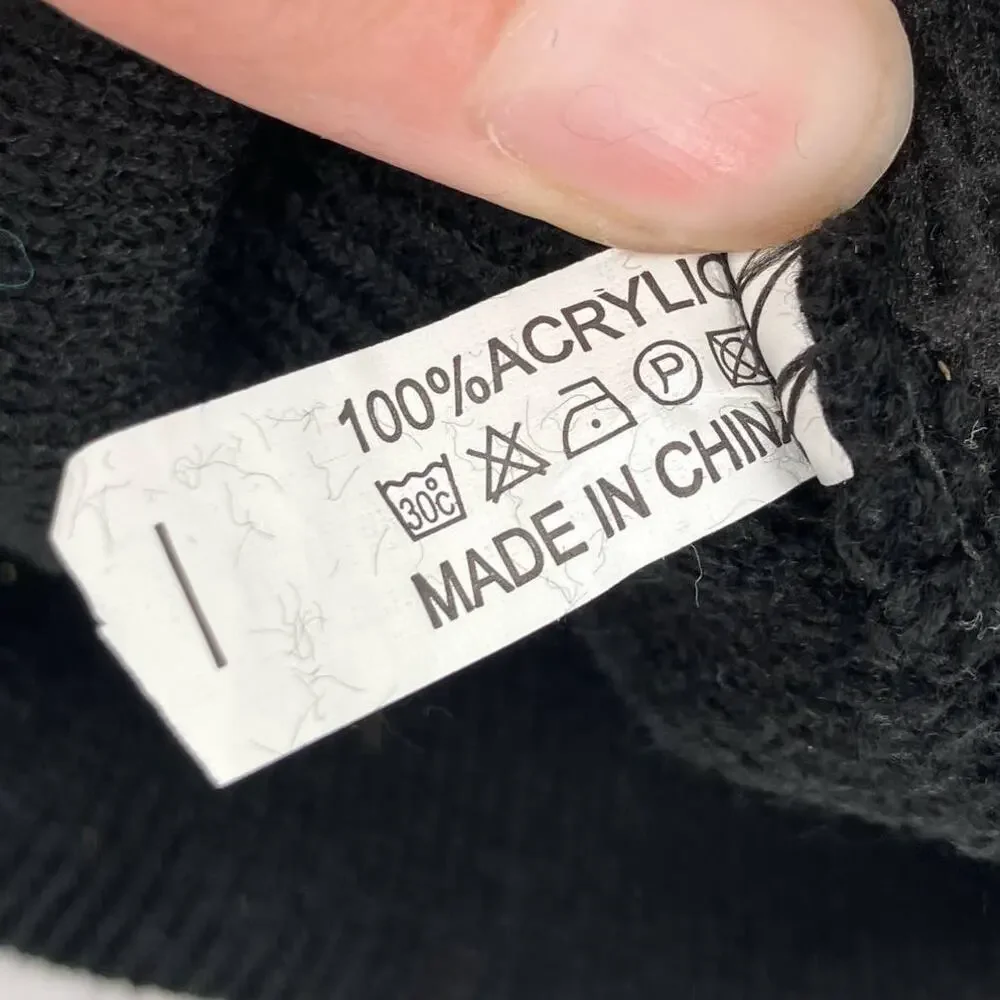 Y2K Black Silver Embroidered Alien Cuffed Knit Acrylic Stretch Youth Beanie Hat